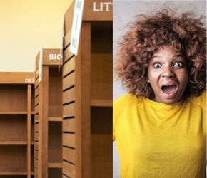 Photo of empty shelves and surprised woman