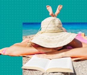 A person laying on the beach, reading a book she selected from RPL's summer reading list.