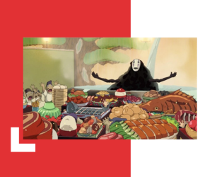 Screen shot from Hayao Miyazaki's animated film, Spirited Away. The character, No Face, is eating his weight in food. Which is what will happen when you come to the Foodie Film Festival at RPL Film Theatre.