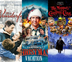 Movie posters for It's a Wonderful Life, National Lampoon's Christmas Vacation, and The Muppet Christmas Carol movies.