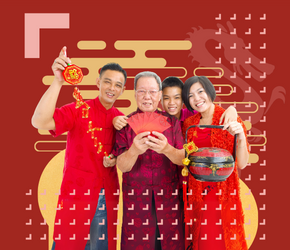 A family celebrates the Lunar New Year with their young children.