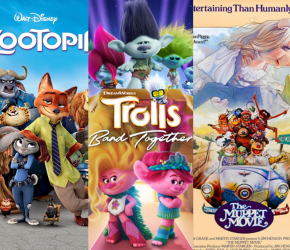 Three movie covers, the first is Zootopia, the second is Trolls Band Together, and the third is The Muppet Movie. All playing at RPL Film Theatre this month.