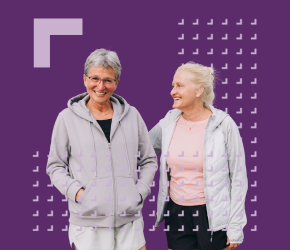 Two older adults smiling at the camera, against a purple background with an L shaped patt
