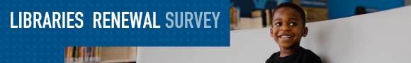 Text reads, libraries renewal survey. A little boy smiles to the right of the camera. He is sitting on a white couch at Sherwood Village Branch.