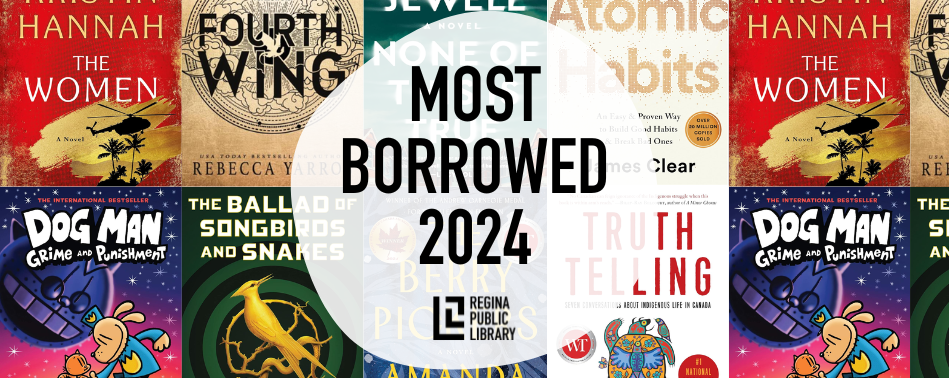 Covers of 2024s most borrowed books. Text reads, Most Borrowed 2024.