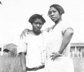 Rosa and Mary, Amber Valley, Alberta c. 1940, black and white photograph, 5 x 6 cm. Frank B. Jamerson fonds, courtesy City of Edmonton Archives.