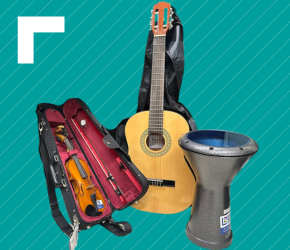 A violin, a guitar, and a drum on a teal background.