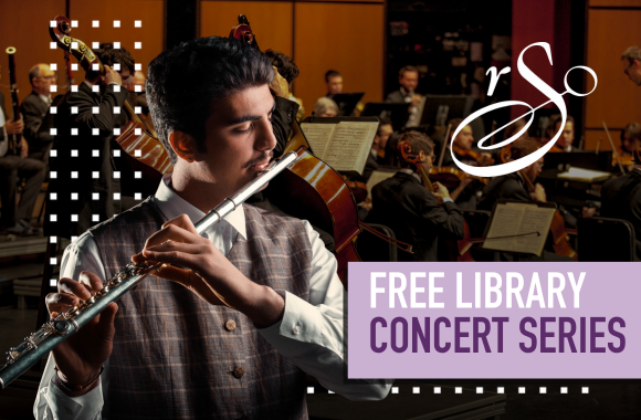 A flutist. Text reads, Free Library Concert Series