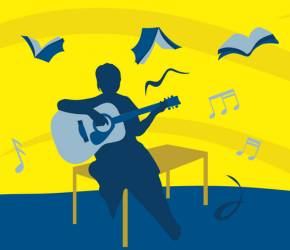 A silhouette of a person playing guitar.