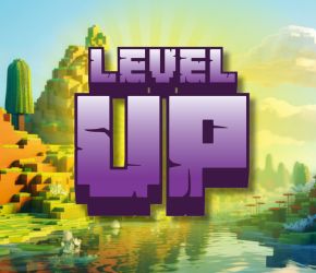 The words Level up over a video game landscape 
