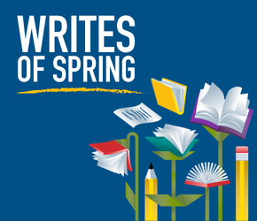 An image that says, Writes of Spring, with flowers with books for petals.