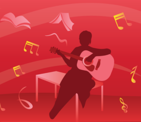 A silhouette of a person playing guitar.