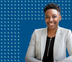 A woman on a blue background