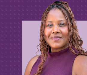 Author Iryn Tushabe on a purple background