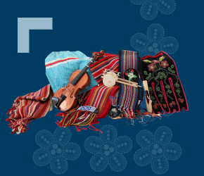 A Métis sash, a ribbon skirt, a fiddle, red river cart, and Métis bead work against a blue background.