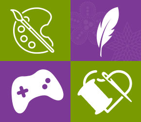 Four icons, a paint pallet, a feather, a video game console controller, and a spool of thread with a needle.