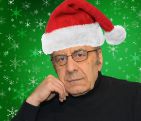 Writer in Residence, Michael Mirolla, with a santa hat imposed upon his head. 