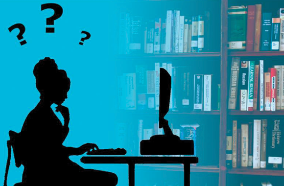 A silhouette of a person working at a computer. There are question marks above her head as he ponders answers to survey questions.