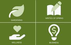Four icons. A leaf for gardening. A notebook and pen for Write of Spring. A hand holding a heart for wellness. and a lightbulb for business.
