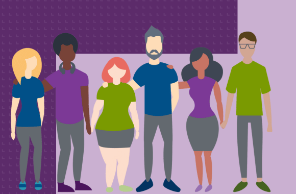 An animation of six faceless characters, banding together to volunteer their time to their community.