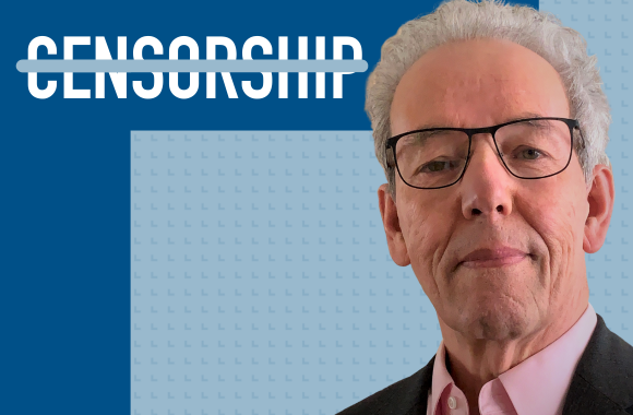 Text reads, Censorship (strikethrough) and there is a photo of James Turk, a white-haired man with black glasses.