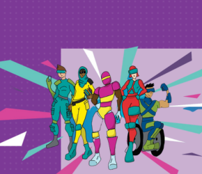 Level Up super hero readers on a purple background.